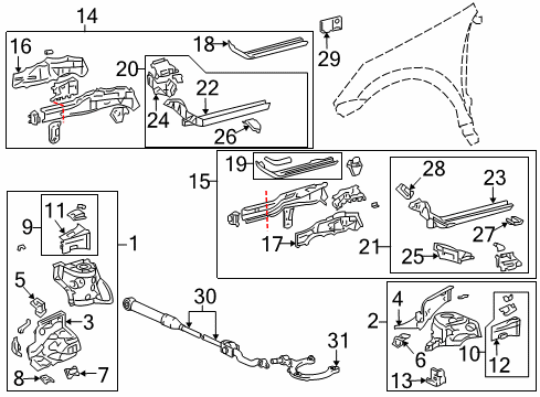 2010 Pontiac Vibe Structural Components & Rails Diagram