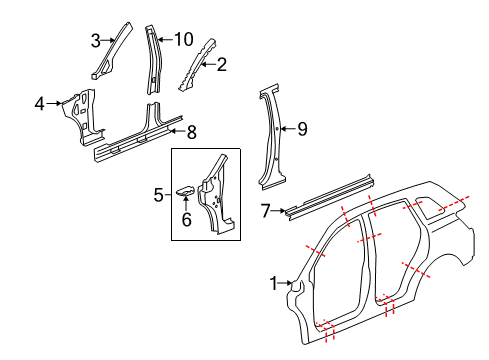 2009 Saturn Vue Center Pillar, Hinge Pillar, Rocker, Uniside Diagram