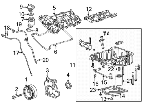 2020 Cadillac CT5 Engine Parts, Mounts, Cylinder Head & Valves, Camshaft & Timing, Variable Valve Timing, Oil Cooler, Oil Pan, Oil Pump, Balance Shafts, Crankshaft & Bearings, Pistons, Rings & Bearings Diagram