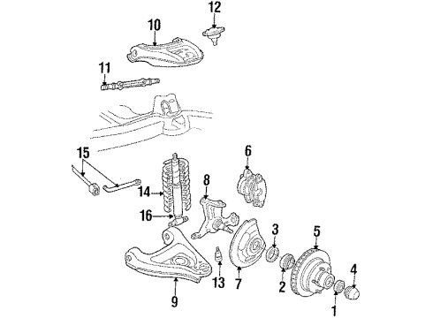 1992 Cadillac Brougham Front Suspension Components, Lower Control Arm, Upper Control Arm, Stabilizer Bar Diagram