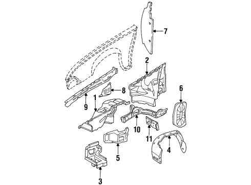 1990 Pontiac Sunbird Structural Components & Rails Diagram