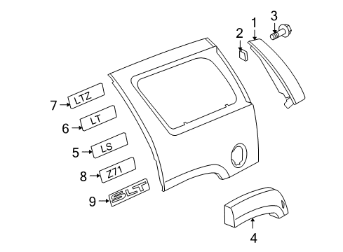 2008 Chevy Tahoe Applique Assembly, Quarter Panel Upper *Paint To Mat Diagram for 25970635