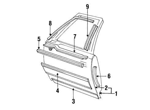 1992 Cadillac Brougham Molding Assembly, Scalp F/Dr Window Frame Front & Upper Diagram for 20727102