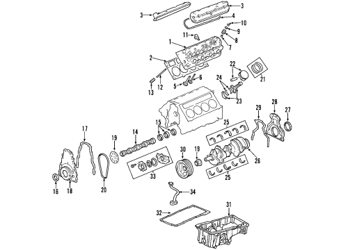 2003 Chevy SSR Engine Parts, Mounts, Cylinder Head & Valves, Camshaft & Timing, Oil Pan, Oil Pump, Crankshaft & Bearings, Pistons, Rings & Bearings Diagram