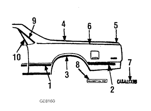 1987 Chevy El Camino Quarter Panel Glass, Exterior Trim Diagram