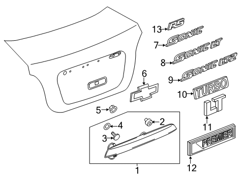 2014 Chevy Sonic Applique Assembly, Rear Closure Center W/License Plate Lamp Diagram for 95374386