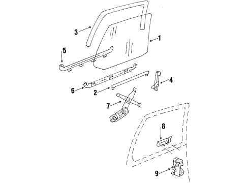 1986 Pontiac T1000 Rear Door - Glass & Hardware Diagram