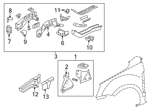 2012 Chevy Captiva Sport Reinforcement,Front Wheelhouse Panel Upper Outer Side Rail Rear Diagram for 20760010