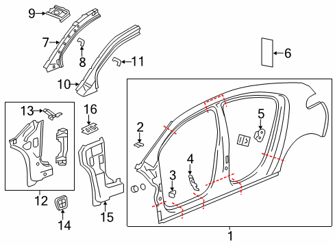 2012 Chevy Volt Reinforcement,Body Hinge Pillar Panel Diagram for 22962691