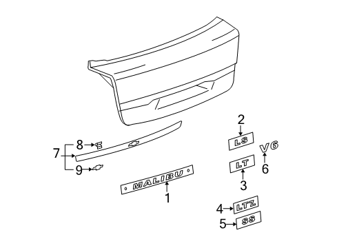 2008 Chevy Malibu Applique Asm,Rear Compartment Lid Diagram for 15796683