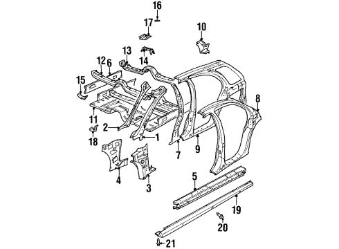 1997 Saturn SW1 Center Pillar, Hinge Pillar, Rocker, Exterior Trim, Floor & Rails Diagram