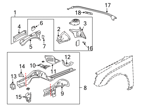 2006 Chevy Malibu Extension,Front Compartment Side Rail Rear Diagram for 15826665